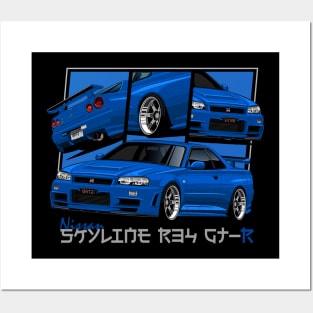 Nissan Skyline r34 GTR Blue, JDM Car Posters and Art